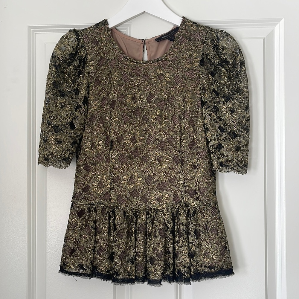 BCBG Black/Gold Lace Peplum Top